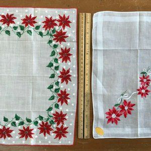 TWO Vtg Burmel Original Handkerchief Printed Red Poinsettia & Embroidered Hanky